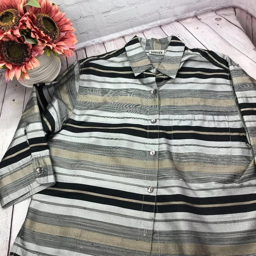 Vintage Chico's Design silk black cream print dress top/Jacket size 1